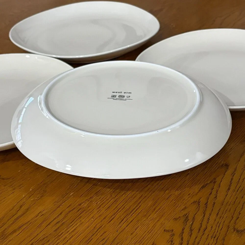 4 West Elm Organic Rim White Porcelain Dinner Plates Wave Curve Modern Minimalis